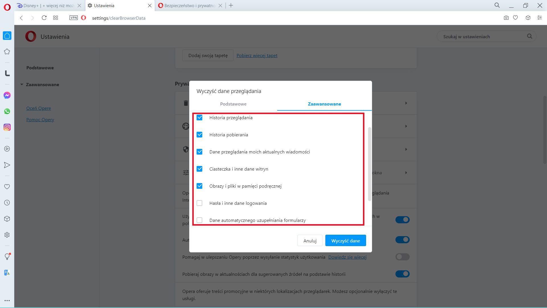 Opera: zakładka Zaawansowane i możemy usunąć historię pobierania