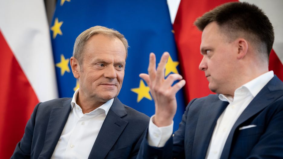Donald Tusk, Szymon Holownia during a meeting at which Polish opposition parties signed the agreement on Civic Election Control, at the Senate (upper house of the parliament) in Warsaw, Poland on June 3, 2022 (Photo by Mateusz Wlodarczyk/NurPhoto via Getty Images)