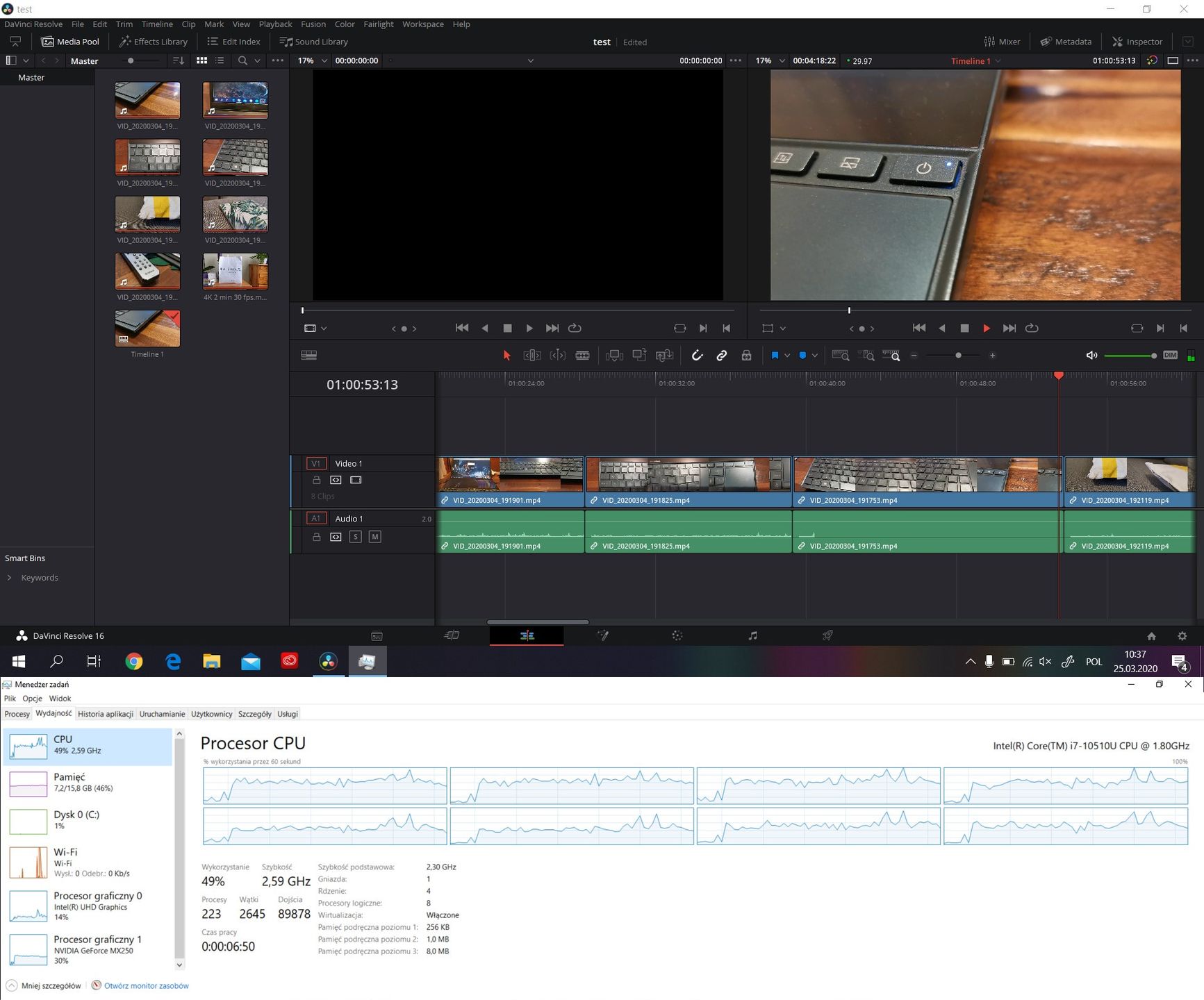 Procesor w ZenBook Duo 14 podczas odtwarzania materiału UHD w Resolve