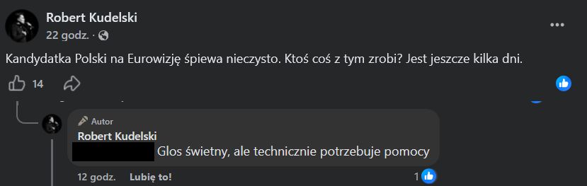 Wpis Roberta Kudelskiego o Alicji Szemplińskiej na Eurowizji