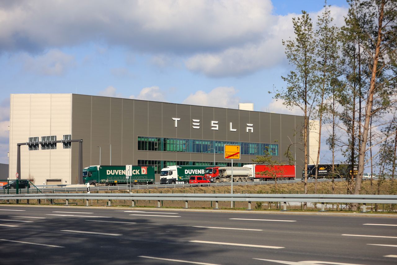 The Tesla Inc. Gigafactory, after a power failure caused a halt in production, in Gruenheide, Germany, on Tuesday, March 5, 2024. Tesla's factory outside Berlin has had to stop production due to a widespread power failure caused by a fire at a local substation, Maerkische Allgemeine Zeitung reported. Photographer: Krisztian Bocsi/Bloomberg via Getty Images