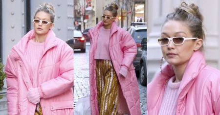 Cukierkowa Gigi Hadid dźwiga torby w puchówce za 4 tysiące