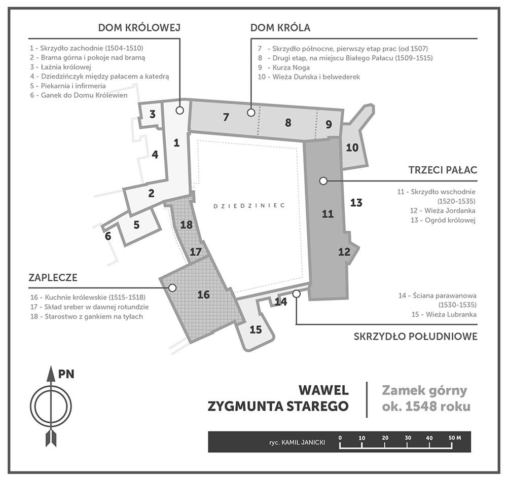 Wawel Zygmunta Starego. Plan głównych części zamku górnego po renesansowej przebudowie. Łazienka królowej widoczna pod numerem 3. Grafika przygotowana przez autora na potrzeby książki "Wawel. Biografia"