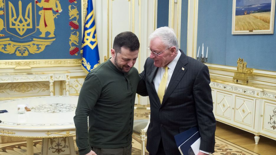 KYIV, UKRAINE - FEBRUARY 20: President of Ukraine Volodymyr Zelenskyy talks with United States Special Envoy for Ukraine and Russia Keith Kellogg during a meeting on February 20, 2025 in Kyiv, Ukraine. The talks were to be followed by a joint press conference, but it was canceled at the request of the U.S. side. (Photo by Vitalii Nosach/Global Images Ukraine via Getty Images)