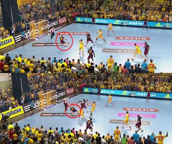 Gudjon Valur Sigurdsson w momencie zdobycia bramki przez Barcelonę na 30:30 znajdował się w polu bramkowym Vive (screen: EHF)