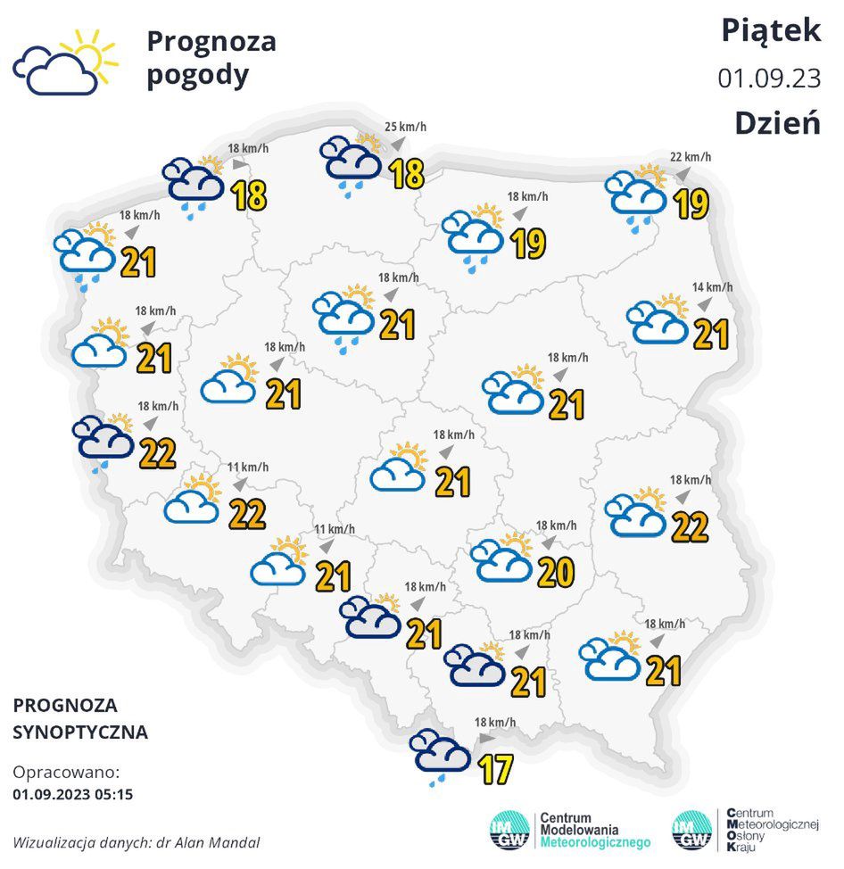 Dzisiaj zachmurzenie umiarkowane i duże. Miejscami przelotne opady deszczu, na ogół słabe. Na północy możliwe burze. 