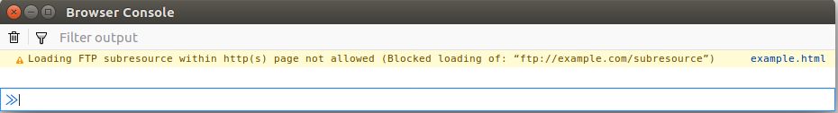 Zablokowane ładowanie zawartości z wykorzystaniem FTP. Źródło: Mozilla Security Blog.