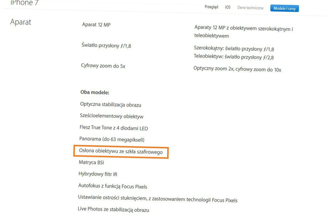 iPhone 7 nie ma osłony ze szkła szafirowego?