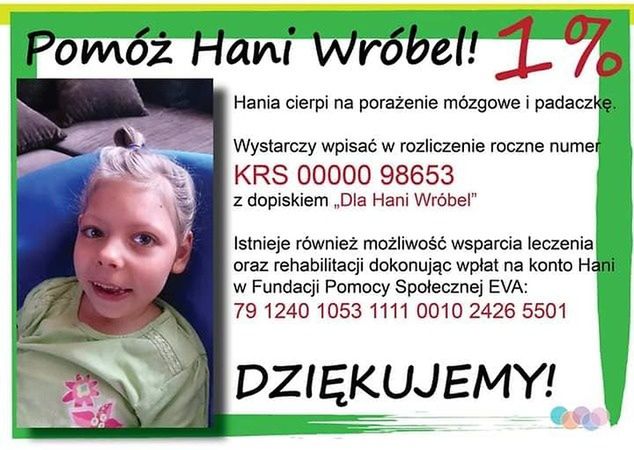 Hani Wróbel można pomóc wpłacając pieniądze na specjalne konto.