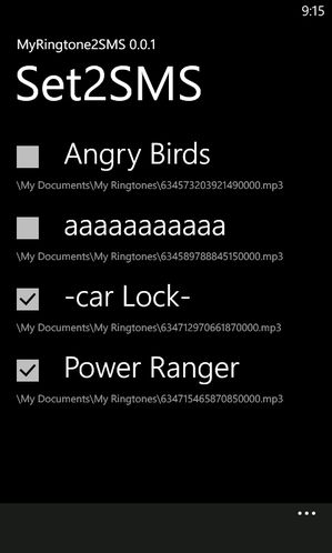MyRingtone2SMS - lista dostępnych dzwonków z możliwością zaznaczenia, które mają pojawić się na liście