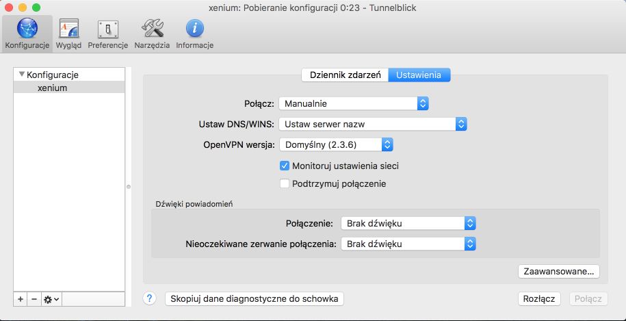 Konfiguracja połączenia OpenVPN na macOS-ie (za pomocą programu Tunnelblick)