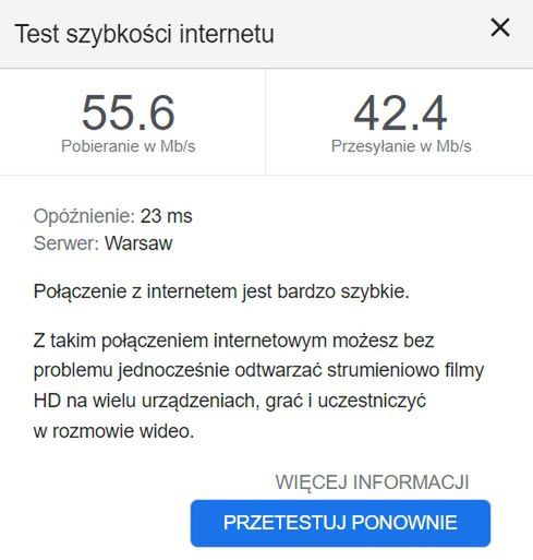Wynik testu prędkości internetu w Google