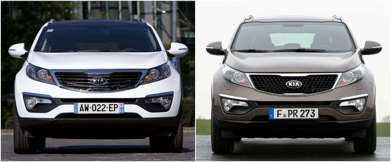 Kia Sportage przed liftingiem (po lewej) i po liftingu (po prawej). Z zewnątrz różnią się tylko strukturą kratki grilla.