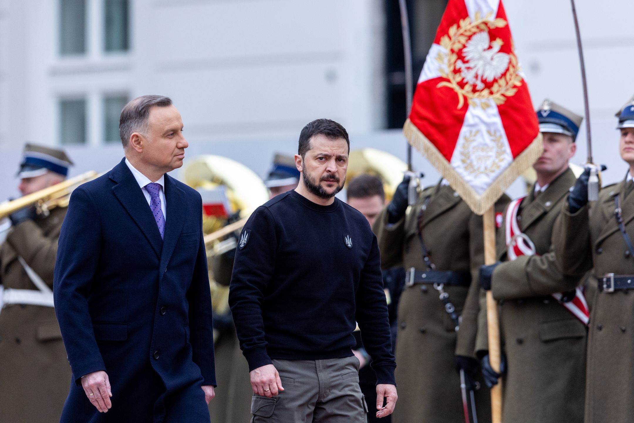 Poland's President Andrzej Duda, Ukrainian President Volodymyr Zelensky during an official welcoming ceremony in front of the Presidential Palace in Warsaw, Poland, on April 5, 2023. 
NO USE POLAND (Photo by Foto Olimpik/NurPhoto via Getty Images)