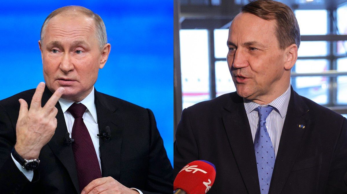 Zdjęcie ilustracyjne. Po lewej Putin, po prawej szef MSZ Polski Radosław Sikorski