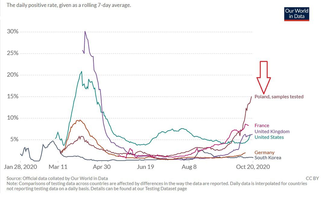 Odsetek testów z wynikiem pozytywnym w wybranych krajach 