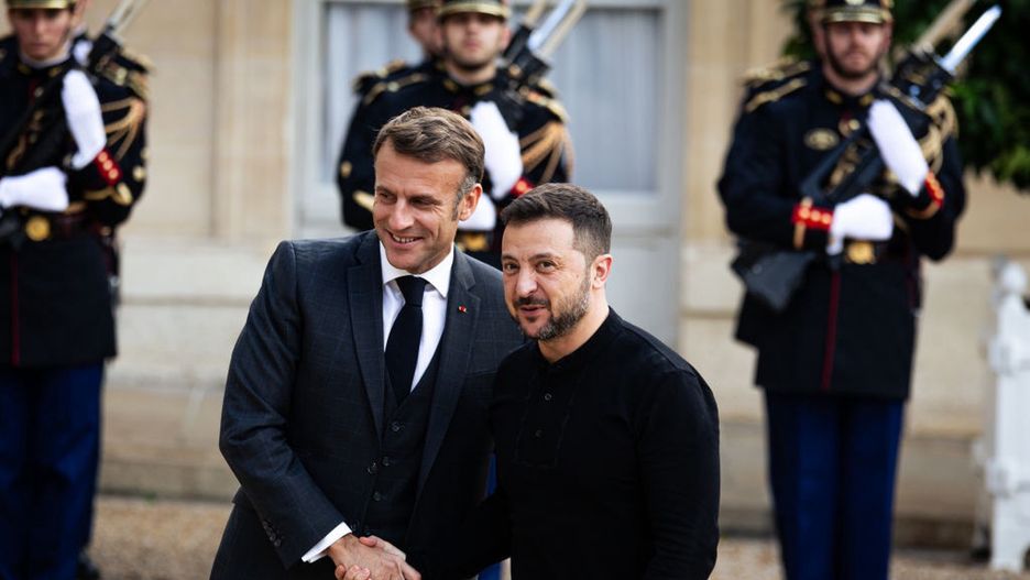 French President Macron Hosts Ukrainian President Zelensky In Paris
French President Emmanuel Macron welcomes Volodymyr Zelensky, President of Ukraine, at the Elysee Palace in Paris, France, on October 10, 2024. (Photo by Telmo Pinto/NurPhoto via Getty Images)
NurPhoto
elysée palace, international relations, political engagement, telmo pinto, bilateral talks, political summit., european politics, elysée, foreign policy, political leaders, french-ukrainian relations, diplomatic meeting, france-ukraine relations, government leaders, french president, volodymyr zelensky, international affairs, presidential meeting, paris, nurphoto, paris meeting, political discussions, presidential diplomacy