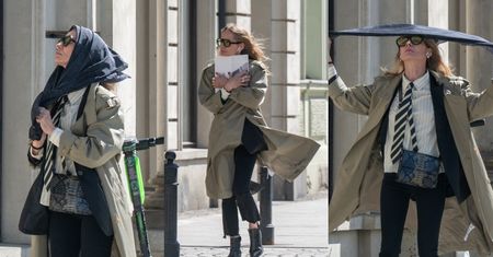 Magdalena Cielecka walczy z chustą na wietrze i pędzi na obiad do baru mlecznego. Stylowo? (ZDJĘCIA)