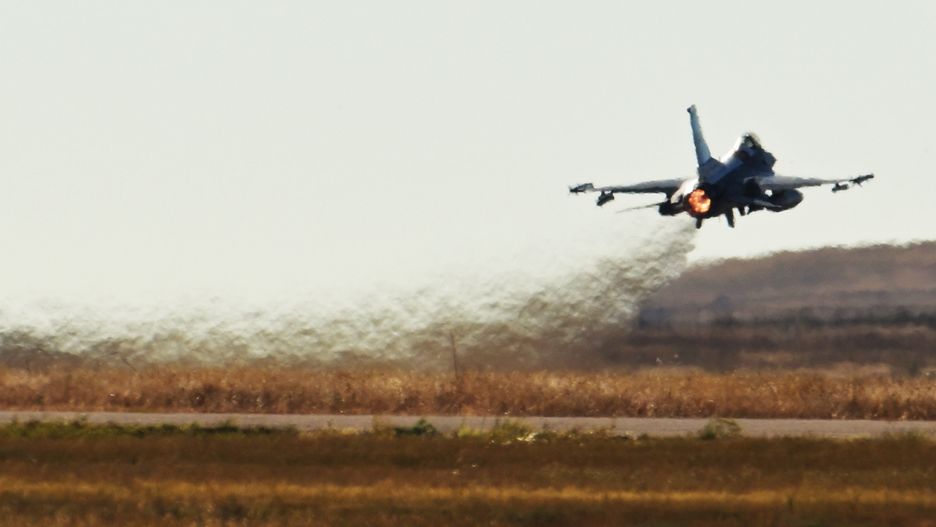 AURORA, CO - OCTOBER 13 : An Air Force F-16C Fighting Falcon, painted to commemorate the 100th anniversary of the Colorado National Guard's 120th Fighter Squadron, takes off at Buckley Air Force Base in Aurora, Colorado on Friday, October 13, 2023. (Photo by Hyoung Chang/The Denver Post)
