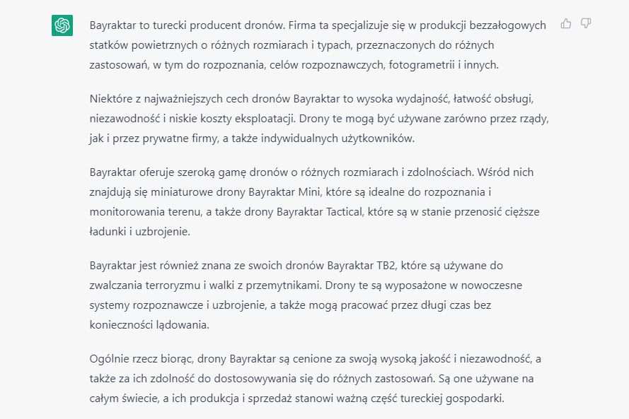 ChatGPT napisał o dronach Bayraktar