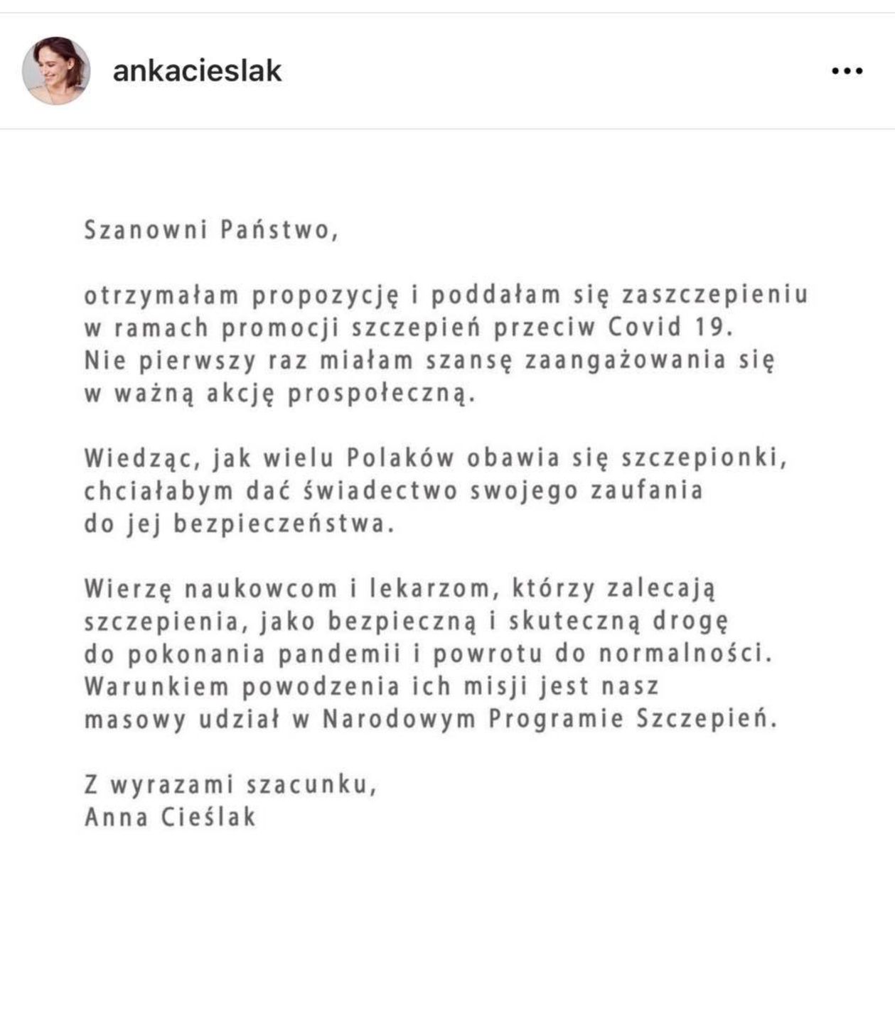 Anna Cieślak potwierdziła, że zaszczepiła się przeciwko koronawirusowi