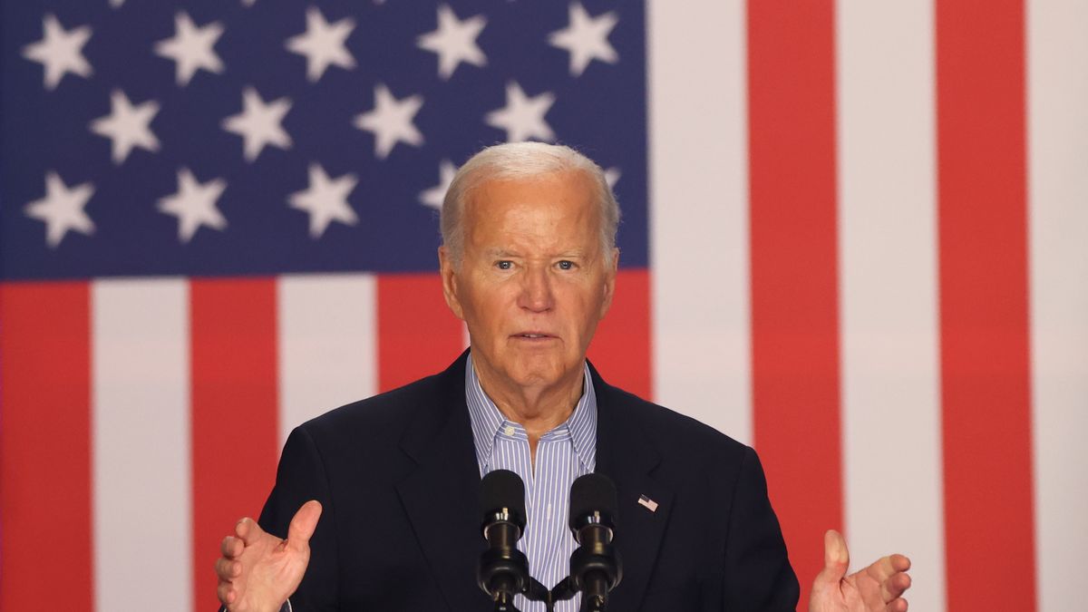 MADISON, WI - JULY 5: President Joe Biden gestures while speaking at a rally in Madison, Wisconsin on July 5. 2024. Alex Wroblewski/The Washington Post via Getty Images