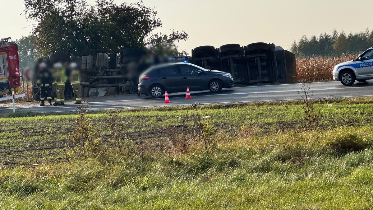 Ciężarówka w rowie na wjeździe do Bielska 