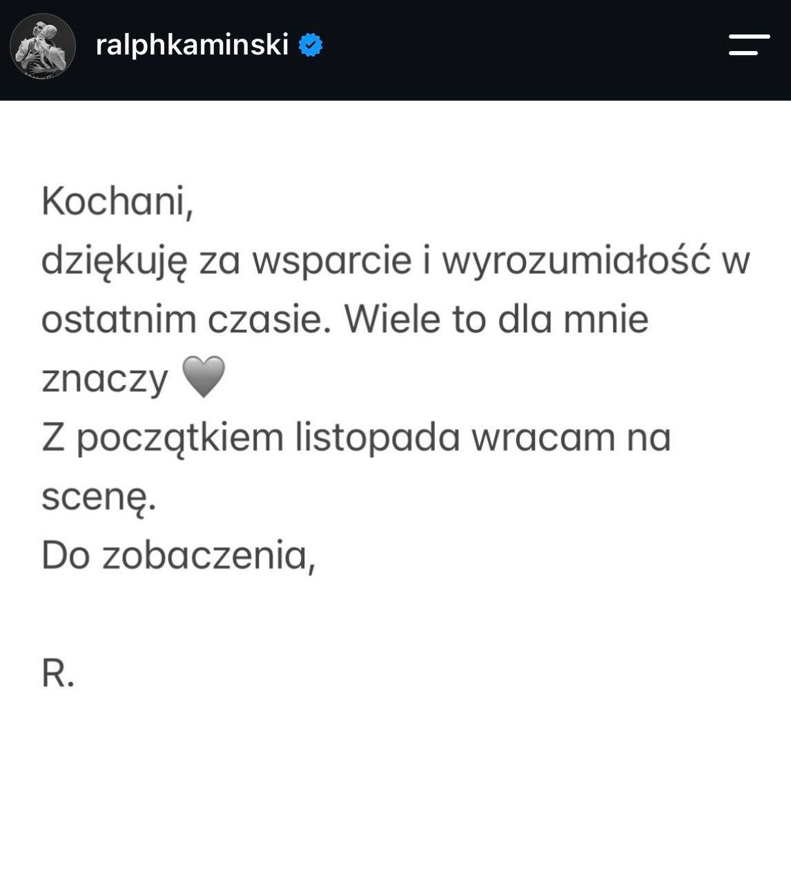 Wpis Ralpha Kaminskiego na Instagramie