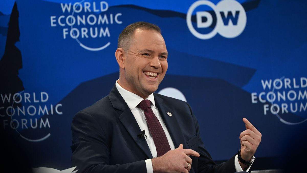 DAVOS, SWITZERLAND - JANUARY 21: President of Poland Karol Nawrocki gives a speech at the World Economic Forum Annual Meeting held in Davos, Switzerland on January 21, 2026. (Photo by Harun Ozalp/Anadolu via Getty Images)