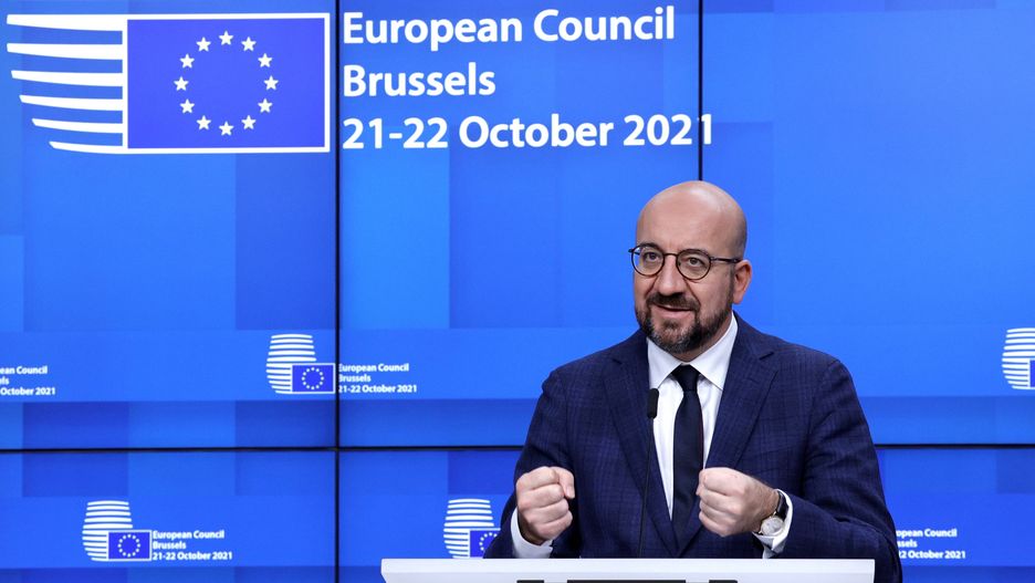 European Council in Belgiumepa09539175 European Council President Charles Michel speaks during a media conference at an EU summit in Brussels, Belgium, 22 October 2021. European Union leaders concluded a two-day summit, on 22 October 2021, in which they discussed issues such as climate change, the energy crisis, COVID-19 developments and migration.  EPA/Olivier Matthys / POOL Dostawca: PAP/EPA.Olivier Matthys / POOL
