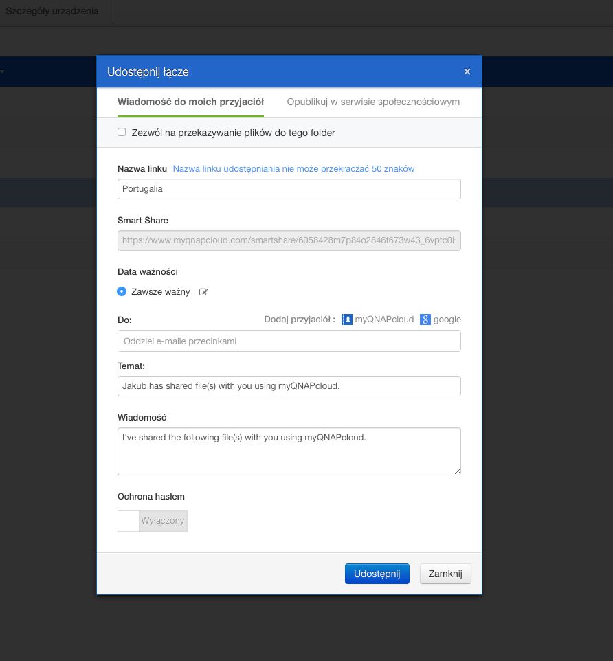Okno udostępniania plików z systemu myQNAPcloud