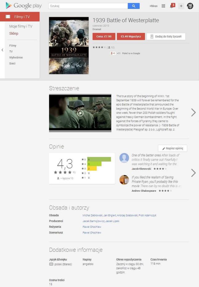 Film "Tajemnica Westerplatte" w Google Play