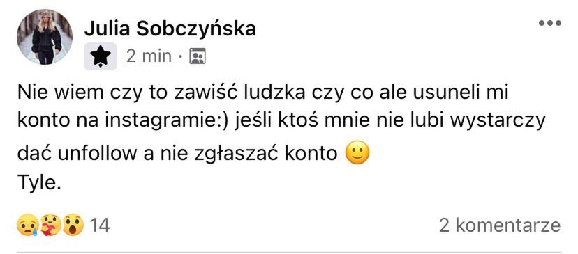 Julia Sobczyńska straciła konto na Instagramie
