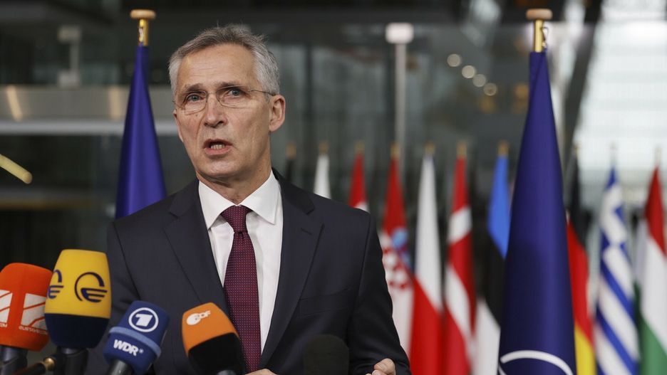 arch49NATO Secretary General Jens Stoltenberg speaks with the media as he arrives for a meeting of NATO defense ministers at NATO headquarters in Brussels, Wednesday, Feb. 16, 2022. NATO defense ministers are meeting to discuss Russia's military buildup around Ukraine as it fuels one of Europe's biggest security crises in decades. (AP Photo/Olivier Matthys)AP