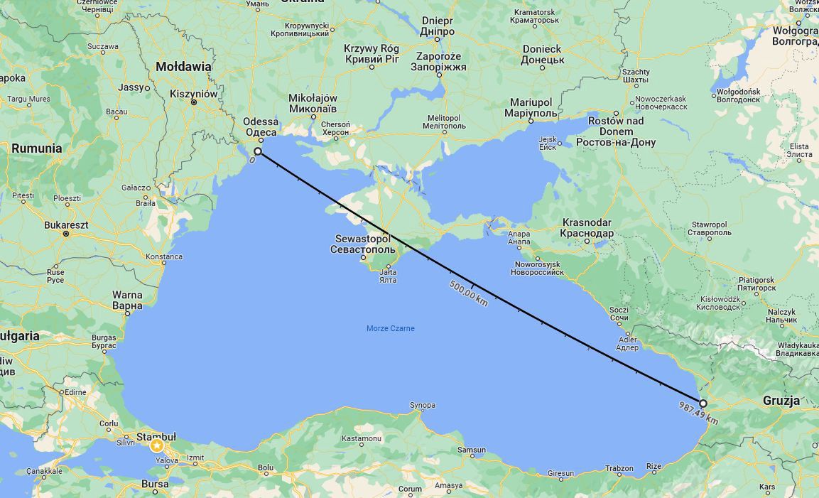 Approximate distance from Odessa to the newly built base by the Russians.