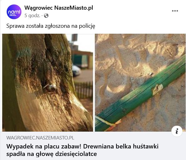 Wpis na Facebooku pokazujący zdjęcia zniszczonej huśtawki