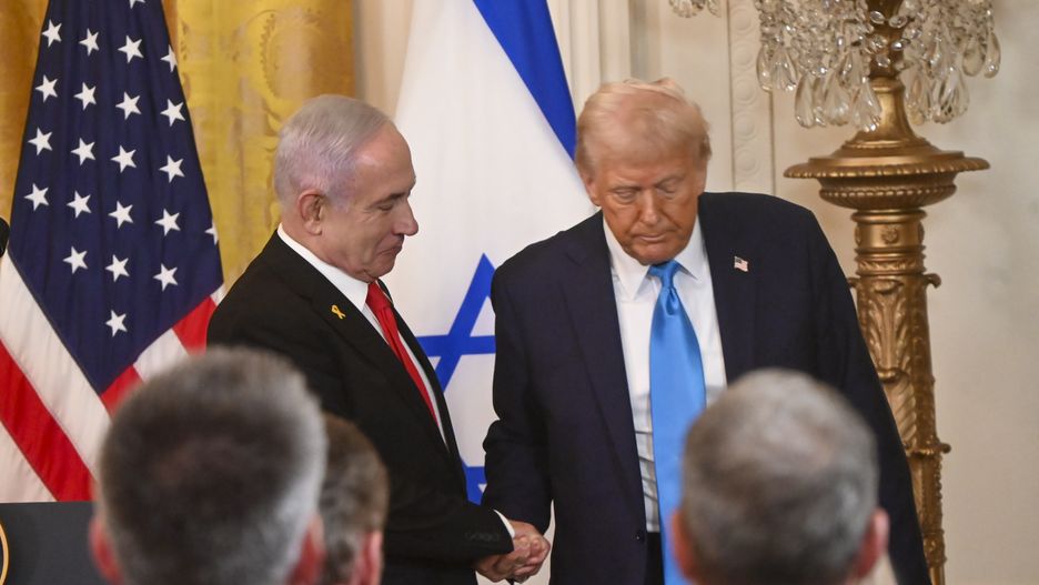 WASHINGTON D.C., UNITED STATES - FEBRUARY 04: United States President Donald Trump (R) and Israeli Prime Minister Benjamin Netanyahu (L) shake hands as they leave following a joint press conference in the East Room at the White House in Washington, D.C., United States on February 04, 2025. (Photo by Kyle Mazza/Anadolu via Getty Images)
