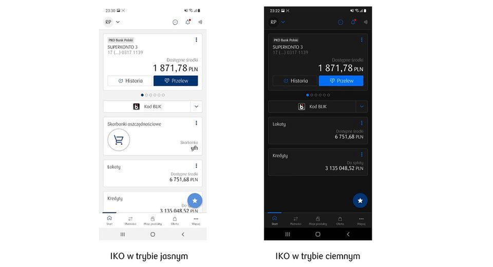 IKO z interfejsem w jasnych i ciemnych kolorach