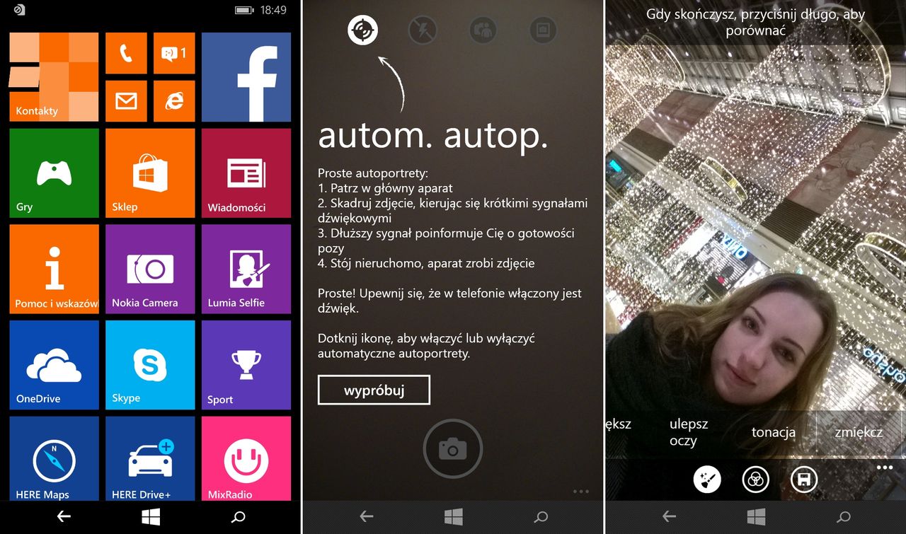 Poza możliwością automatycznego wyzwalania migawki, Lumia 735 i aplikacja Lumia Selfie pozwalają na wykorzystanie narzędzi w postprodukcji - takich, jak choćby rozszerzenie delikatnego uśmiechu.