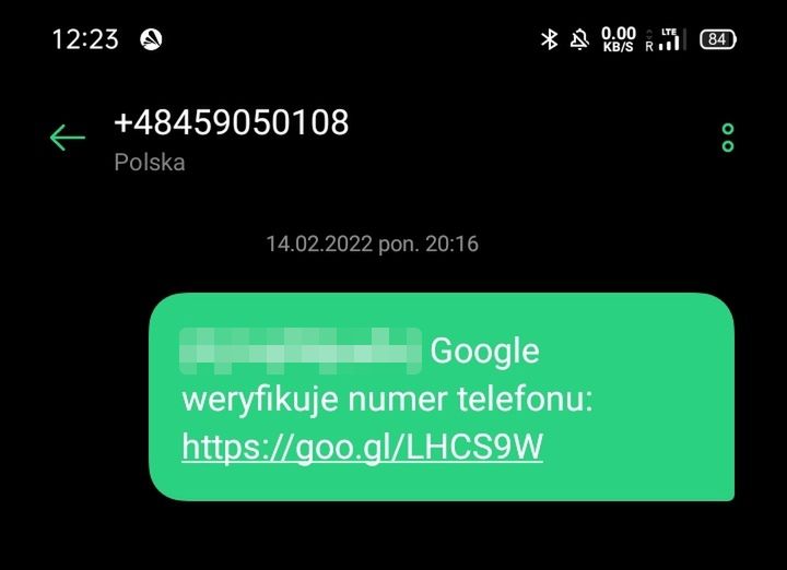 SMS o weryfikacji konta Google