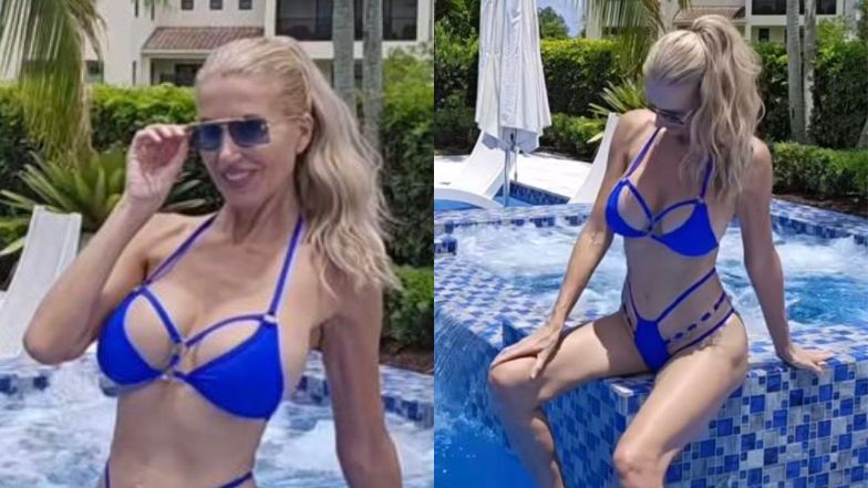 Aneta Glam w niebieskim bikini wygrzewa się nad basenem