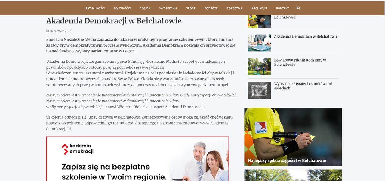 Informacja o Akademii Demokracji na portalu belchatowinfo.pl.