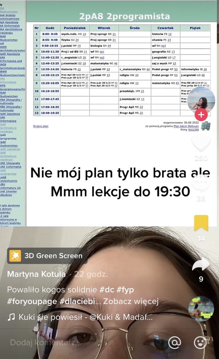 Plan zajęć lekcyjnych ucznia drugiej klasy technikum