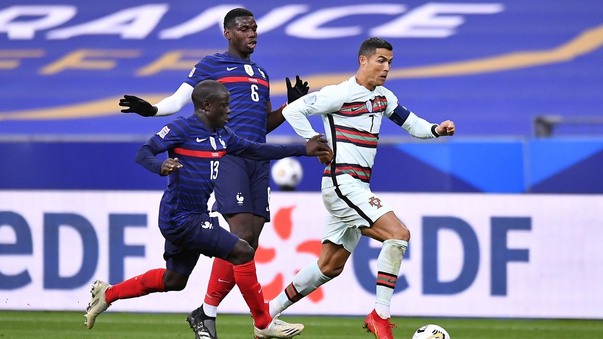 Getty Images / Aurelien Meunier / Na zdjęciu od lewej: N'Golo Kante, Paul Pogba i Cristiano Ronaldo