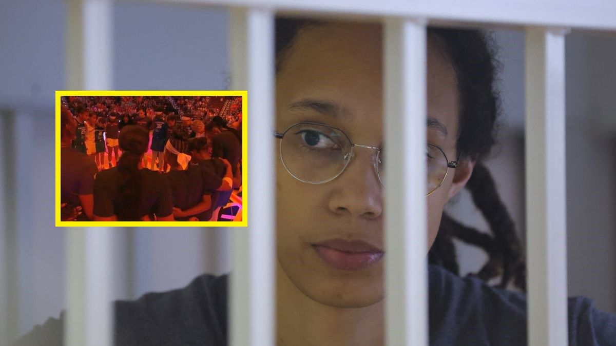 PAP/EPA / EVGENIA NOVOZHENINA / twitter.com/espn / Na zdjęciu: Brittney Griner, na małym zdjęciu: koszykarki przed meczem ligi WNBA