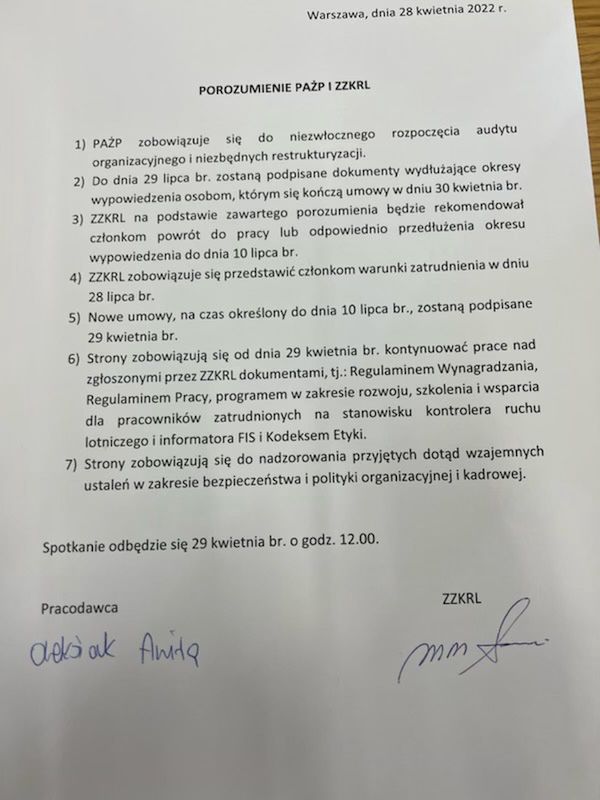 Podpisane porozumienie między PAŻP i Związkiem Zawodowym Kontrolerów Ruchu Lotniczego