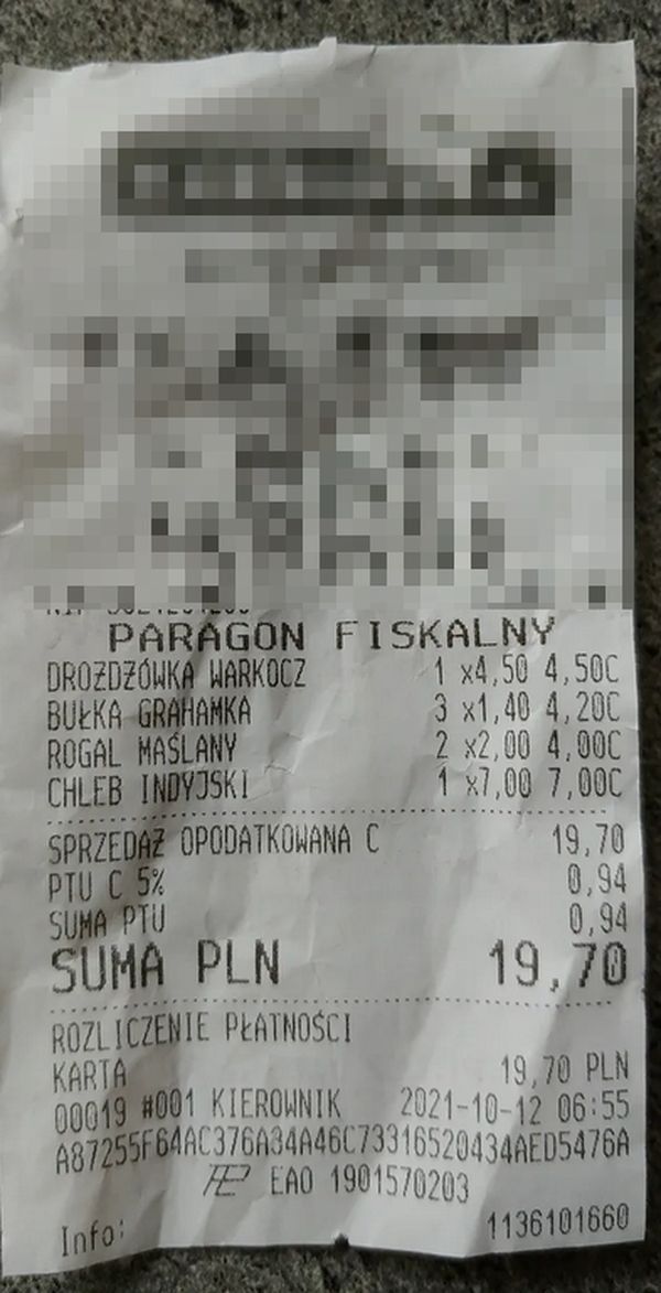 Paragon z piekarni, w której czytelniczka Justyna robi zakupy najczęściej.