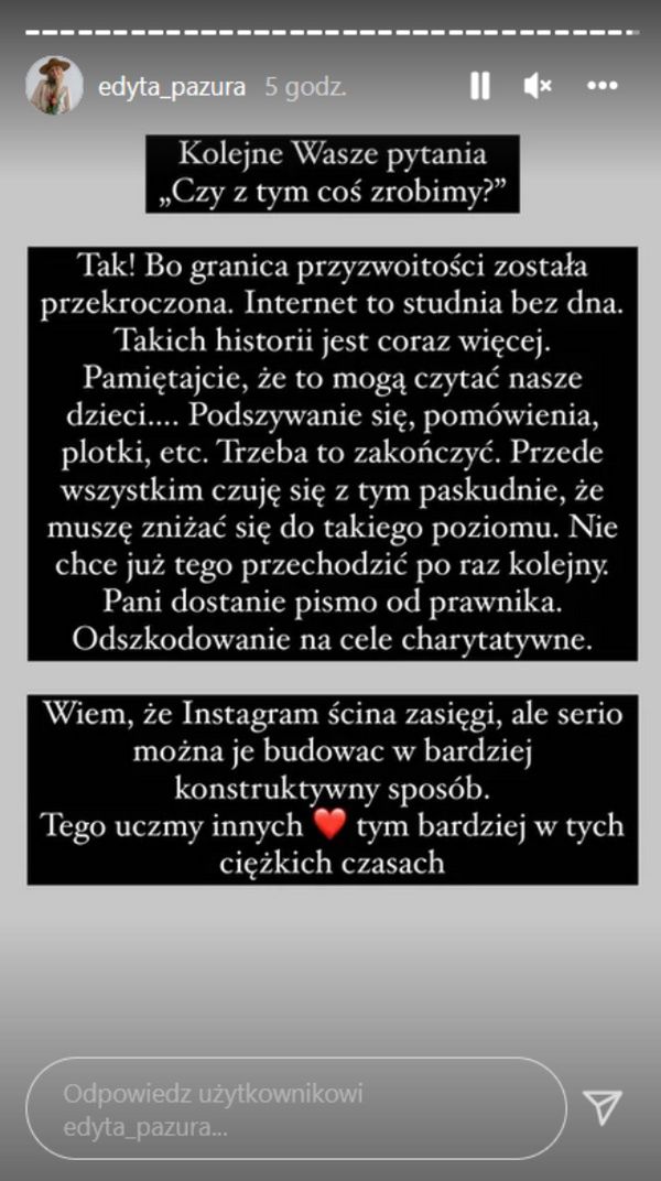 Edyta Pazura odpowiada szkalującej jej męża internautce