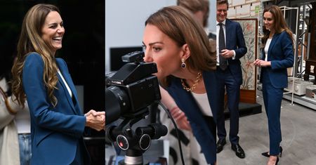 Roześmiana księżna Kate eksploruje londyńskie muzeum w granatowym garniturze
