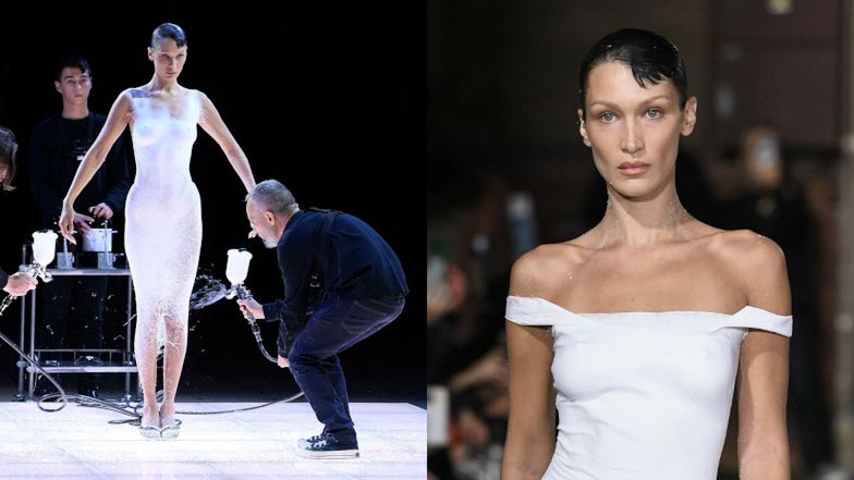 Bella Hadid paraduje po wybiegu w Paryżu w SUKIENCE W SPRAYU! Tak wygląda przyszłość mody? (ZDJĘCIA)